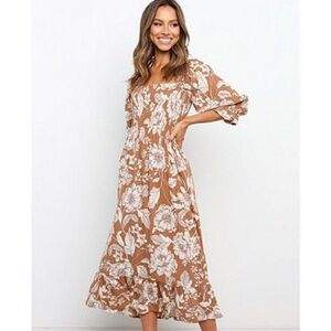 Petal & Pup Brown and Cream Smocked Floral Dress